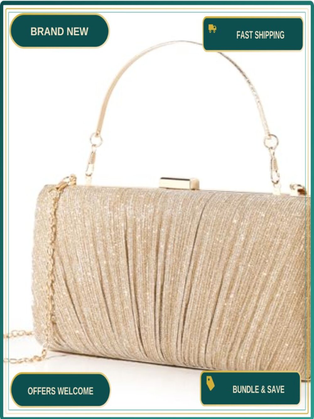 Pleated Evening Clutch Purse with Chain Strap for Wedding and Party